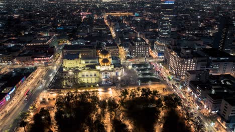 Hype-lapse-Shot-At-Night-Of-Distinctive-Fine-Arts-Palace-During-Traffic-Time-In-Mexico-City