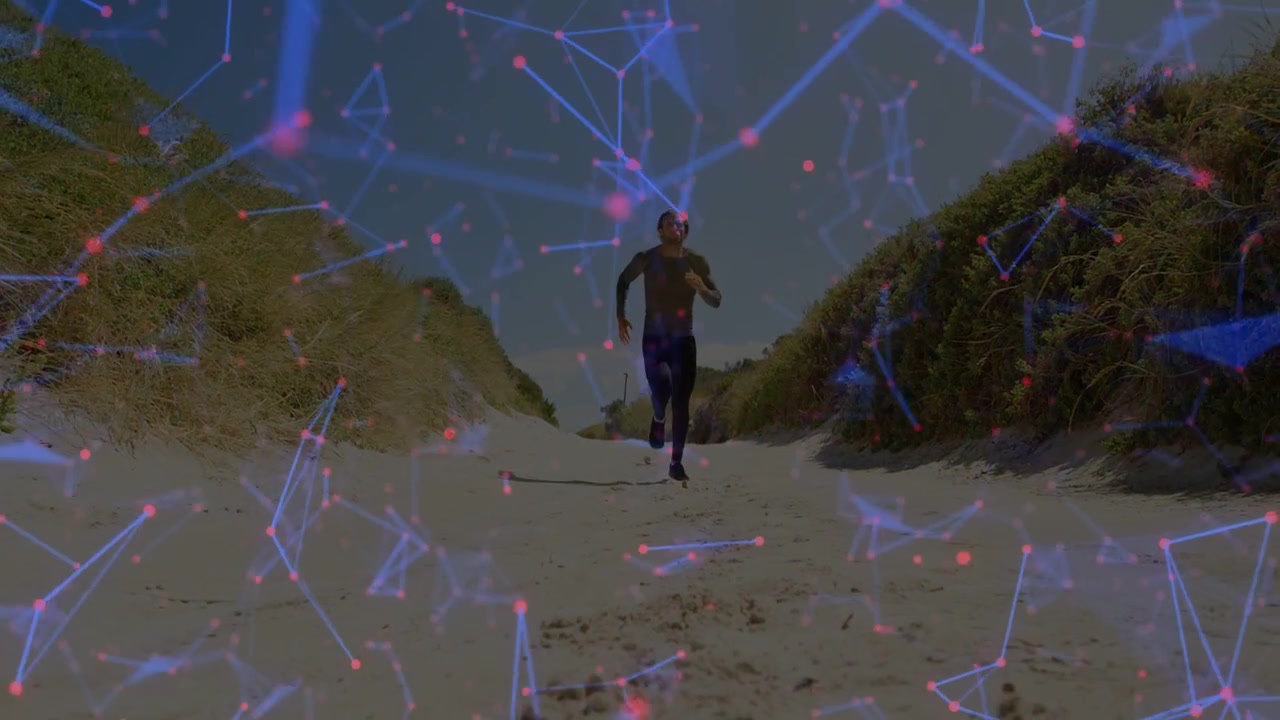 Un corridore adulto parte da lontano, correndo verso la telecamera con una rete blu che traccia il movimento per il fitness.
