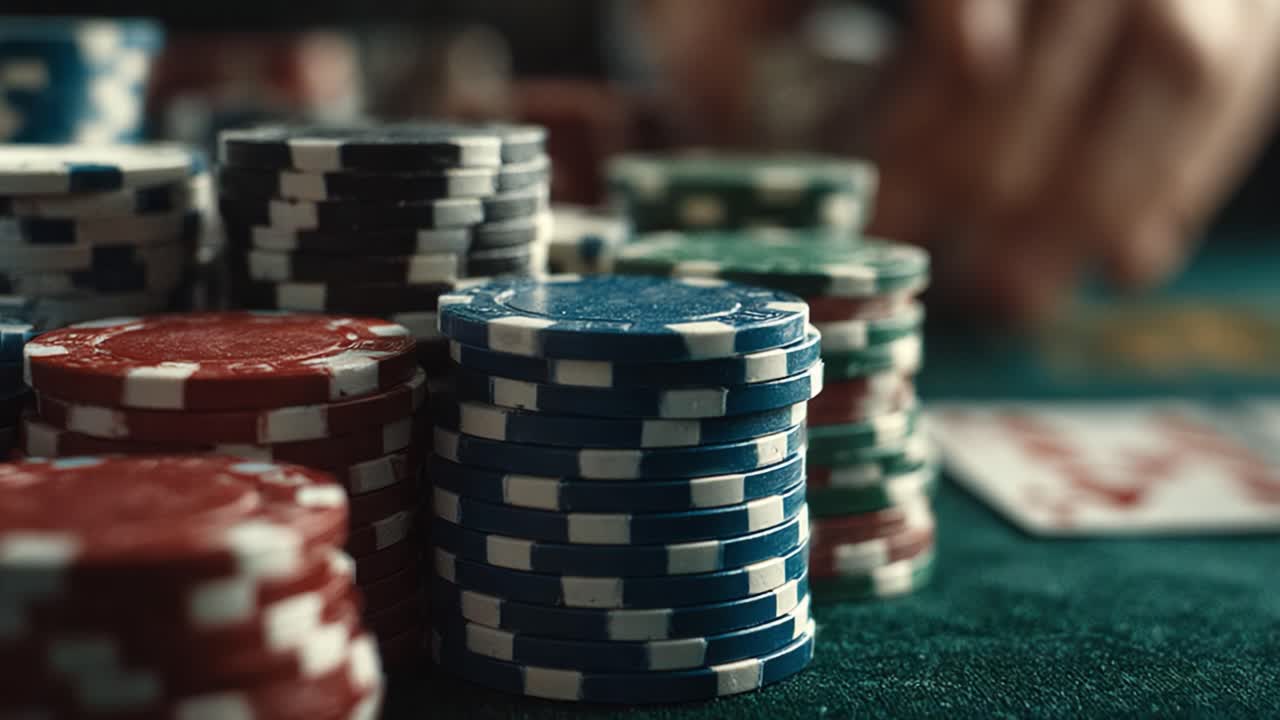 Intense Poker Game Environment Captured in Two Frames: Stacks of Colorful Chips and Cards on the Table Reflecting Strategy and Competition