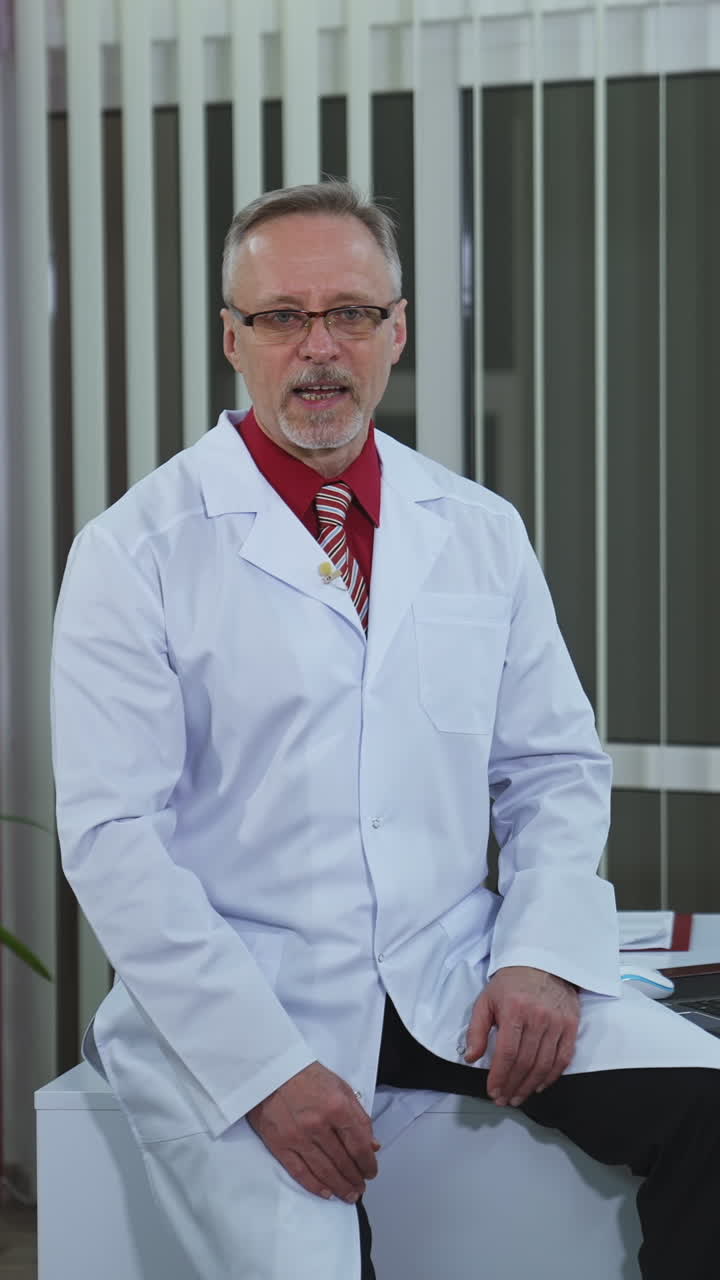 Medical specialist giving online consultation. Friendly senior doctor in white coat and glasses sitting on desk in medical room and explaining something on camera. Vertical video
