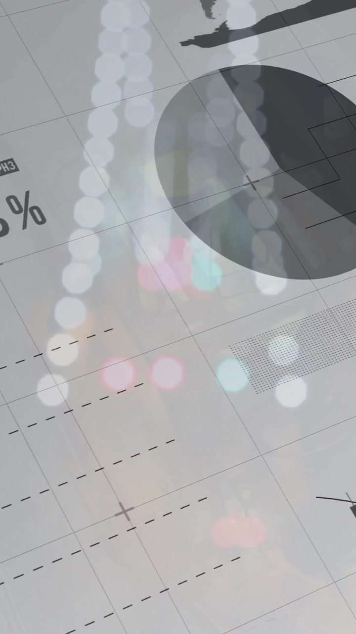 Animazione di grafici e diagrammi con percentuali e punti dati su luci sfocate