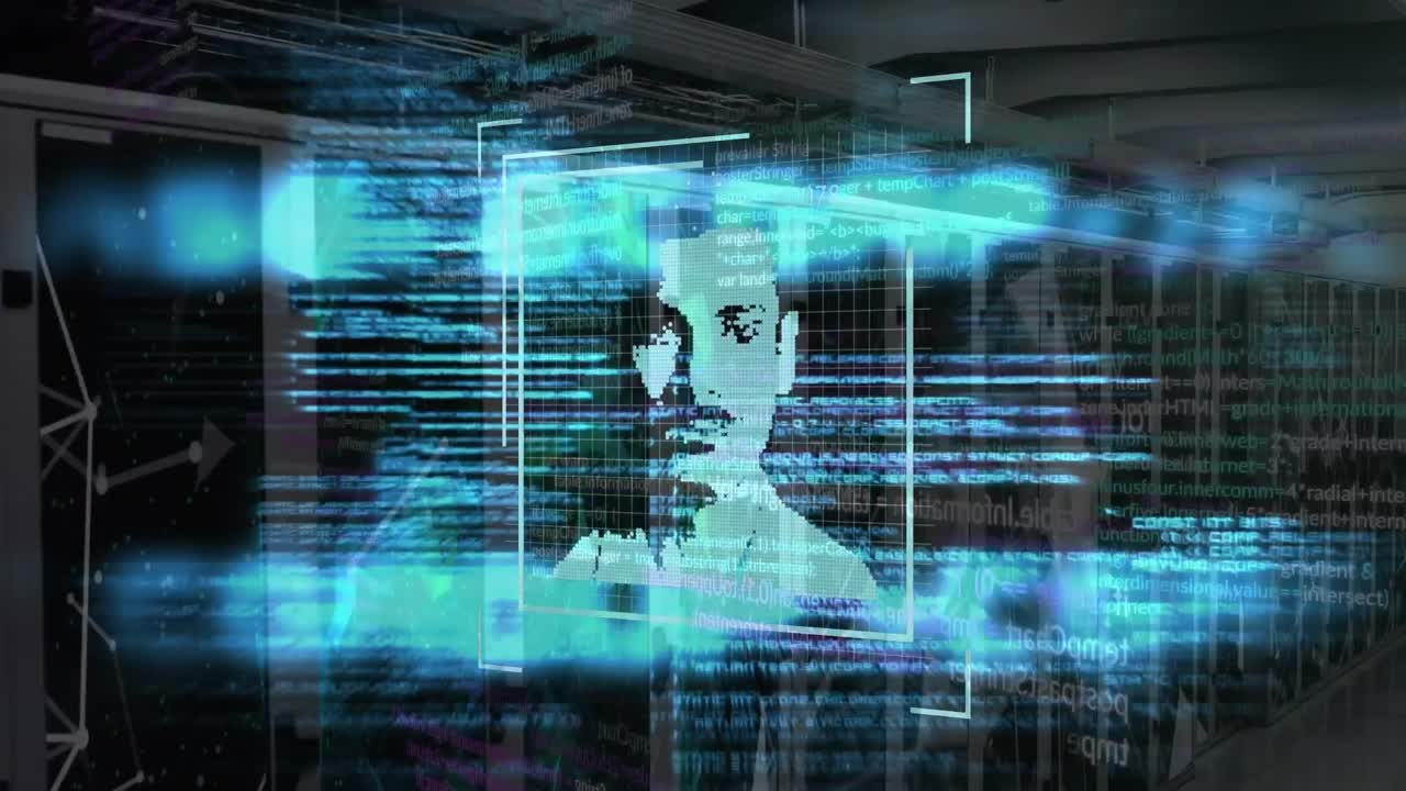 animación de imágenes de perfil, lenguaje informático sobre puntos conectados contra la sala de servidores