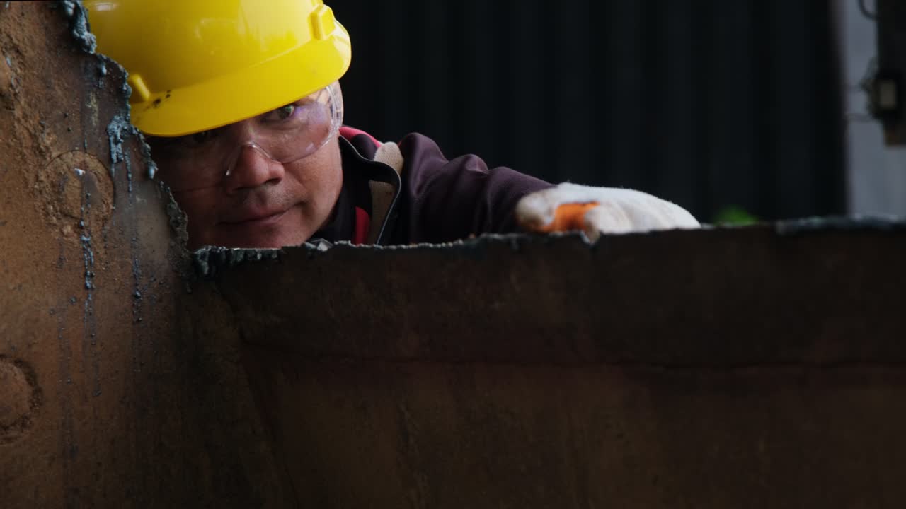 고글과 건설 장갑을 입은 남성 노동자가 가정 작업장에서 각 가루로 금속을 가공한 후 작업을 검사합니다.