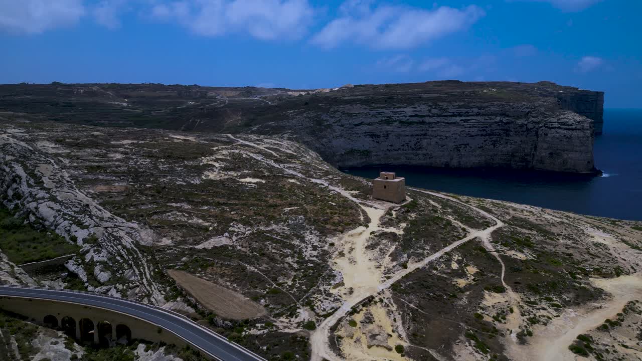 Aerial establishing of Dwejra Tower on Gozo with rocky cliffs, open sea, and rugged bright coastline below dusk sky