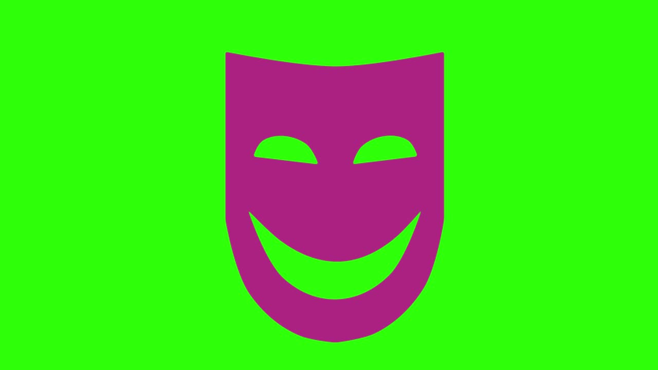 2D animated illustration of a happy theatre mask on a green screen