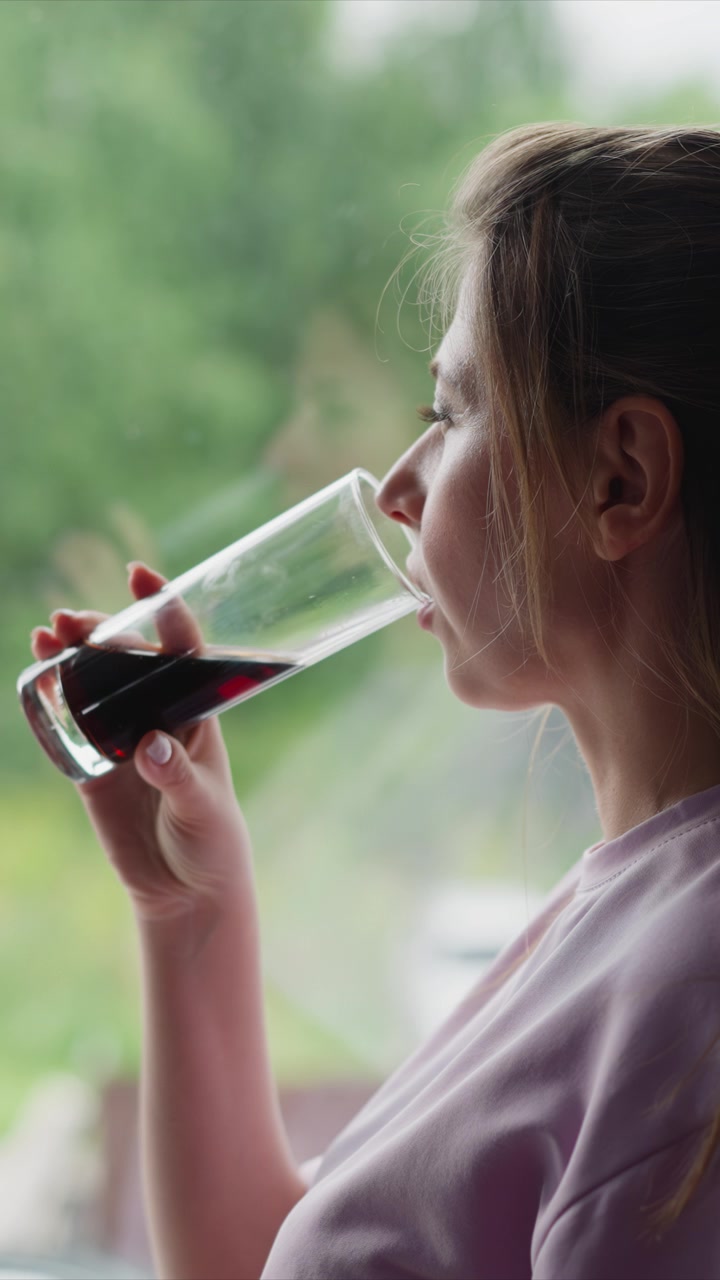 Close up of woman drinking from clear glass containing dark liquid. subject wears light pink top and background is softly blurred with greenery visible through window. Soft natural lighting