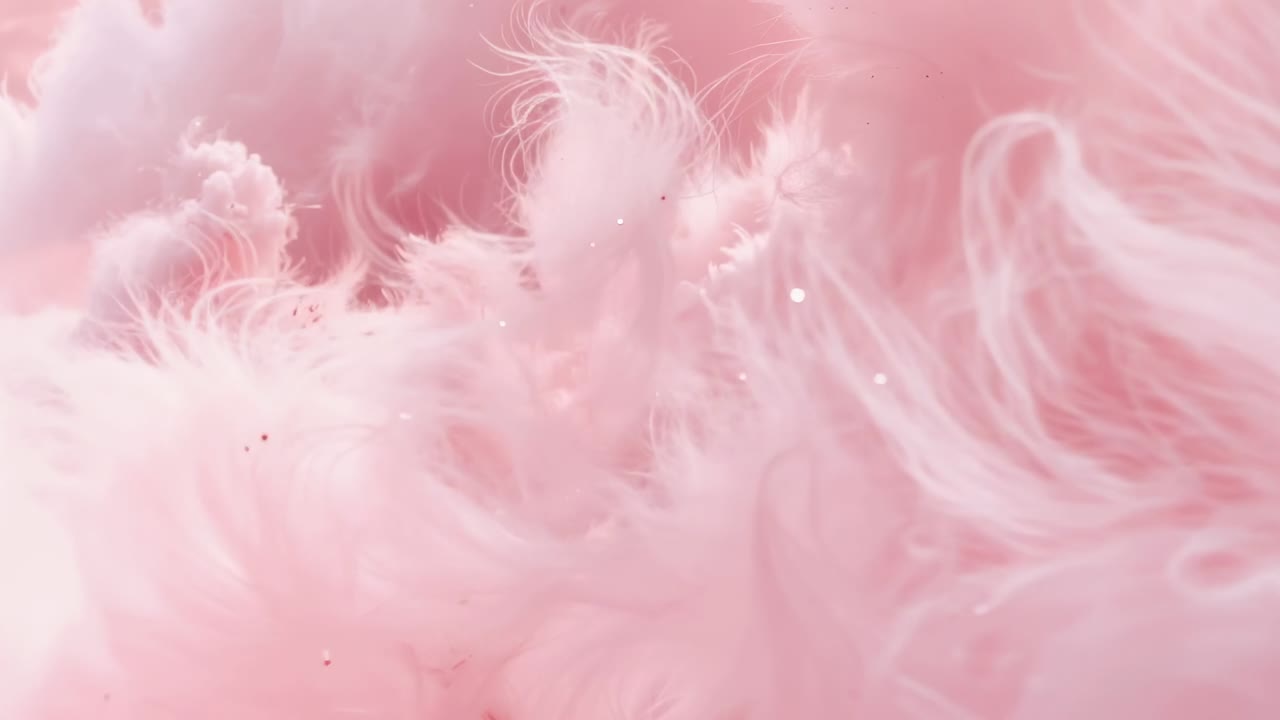 Moving camera inward, pink cloud unfurling feathery tendrils in pastel field, revealing tiny specks