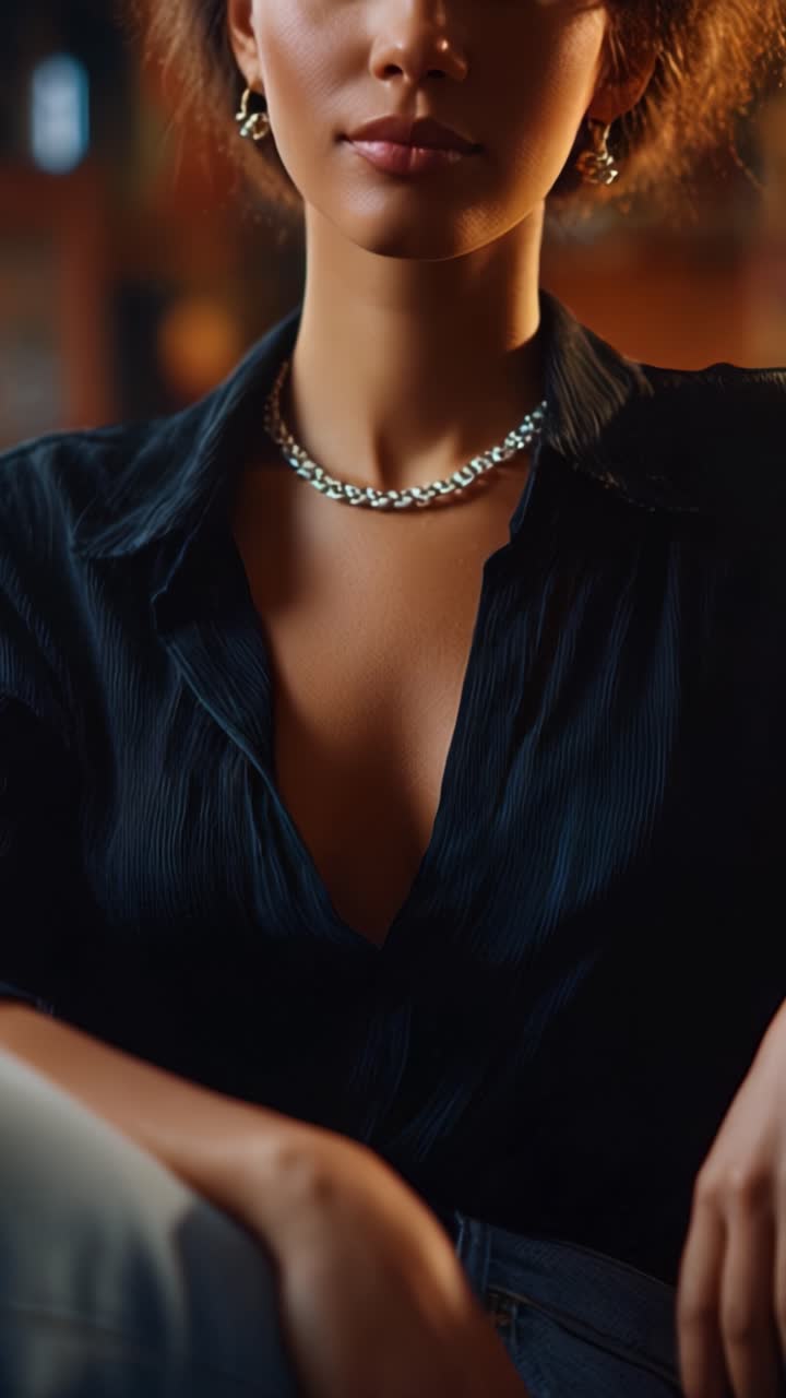 Donna elegante che esprime fascino e sicurezza, indossando una camicia nera chic e gioielli sofisticati, emanando un senso di intimità e bellezza senza tempo.