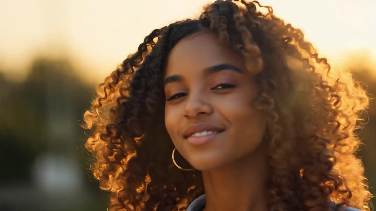 joven con el cabello rizado sonríe alegremente al aire libre durante el caloroso resplandor de la hora dorada, rodeada de la belleza de la naturaleza