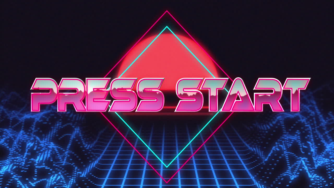 프레스 시작 텍스트의 애니메이션은 검은색 배경에 태양에 대항하여 로 ⁇ 과 파동형 그리드 패턴 위에 있습니다.