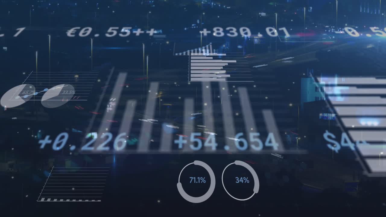 도시 풍경 위에서 통계와 숫자 처리의 애니메이션