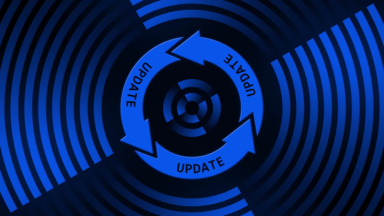 4k에서 추상적인 움직임 업데이트 문자에 업데이트 표시 원형 선의 중앙에 - 검은 바탕에 파란색으로 그래픽 요소 - 소프트웨어 업데이트 컴퓨터 프로그램