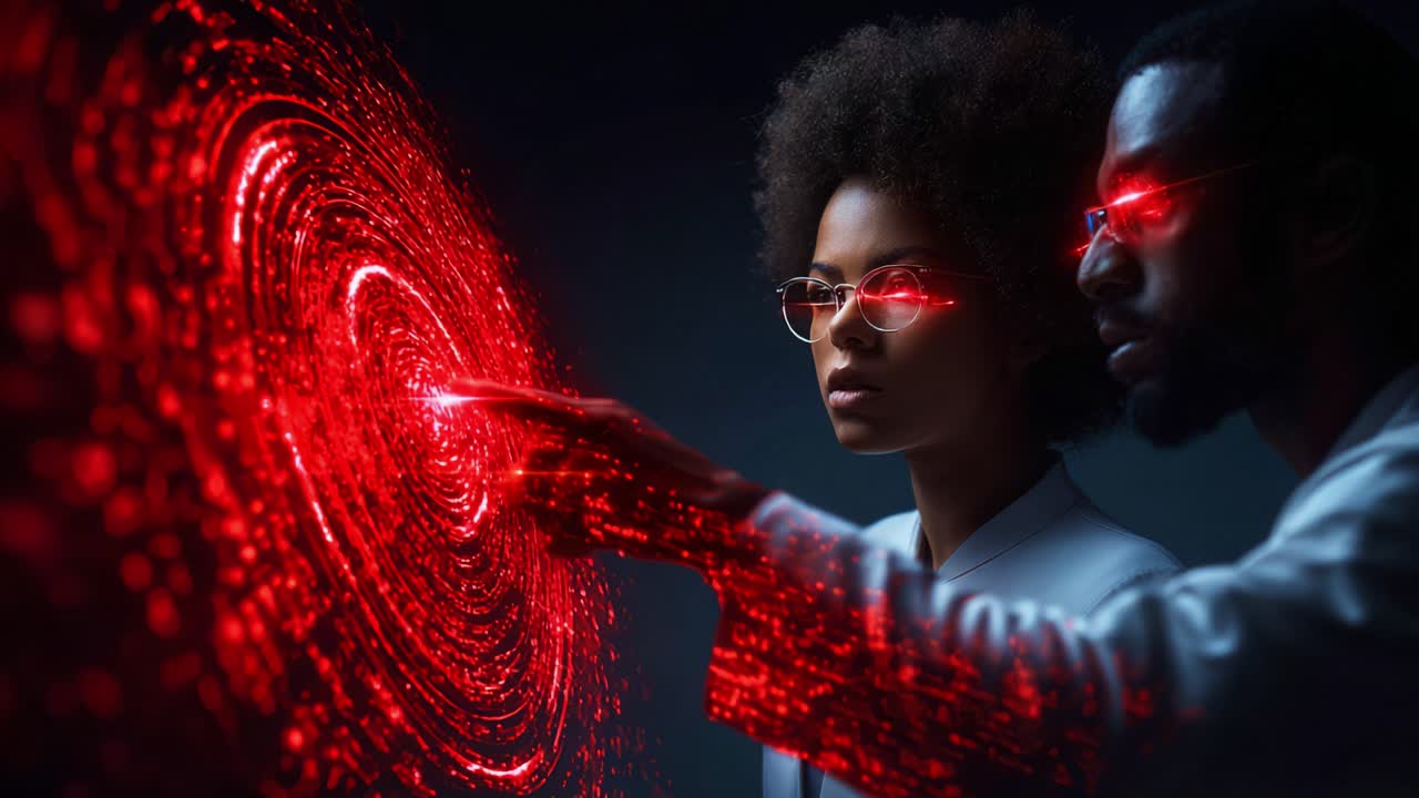 An Intense Exploration of Cosmic Energy: Two Researchers Harness the Power of a Vibrant Red Galactic Portal with Futuristic Technology and Enhanced Precision in Their Vision