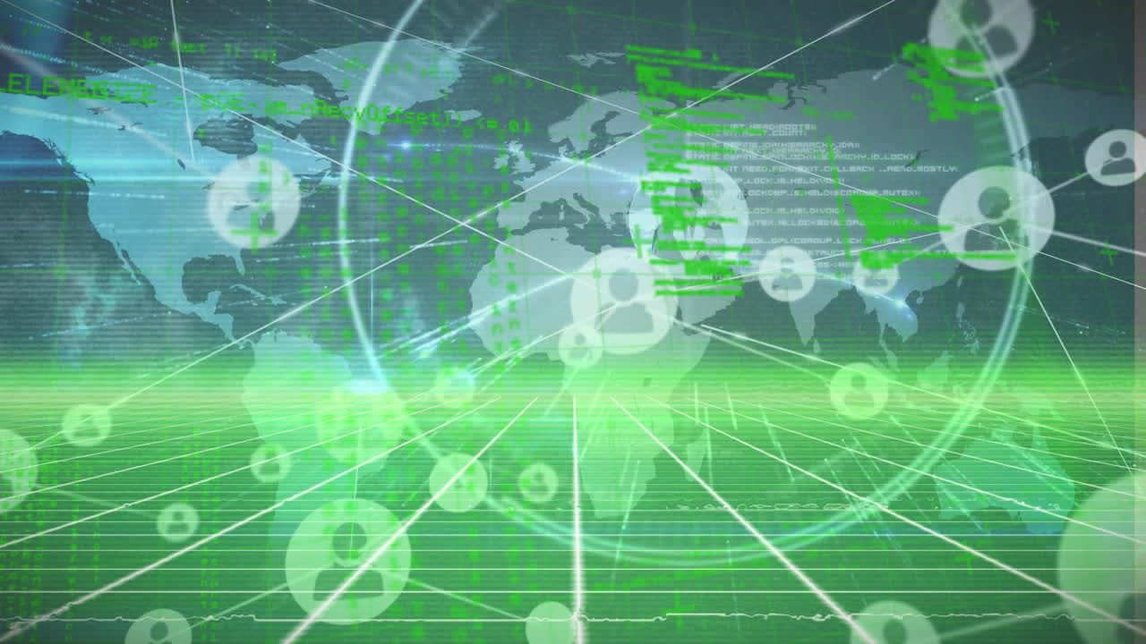 Animazione di una rete di icone di profilo e elaborazione dati su network a griglia e mappa del mondo