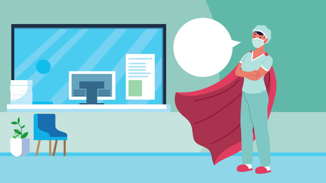 병원 캐릭터에서 케이프를 입은 영웅 외과 의사