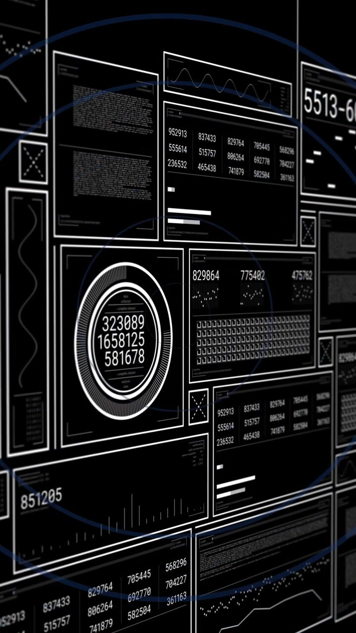 Animation of interface with data processing over blue concentric circles against black background
