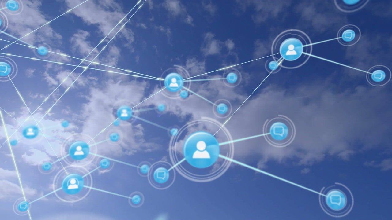 Animations of network of connections with icons over blue cloudy sky