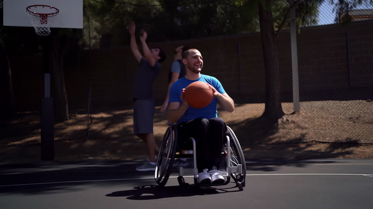 Men playing wheelchair basketball on an outdoor court