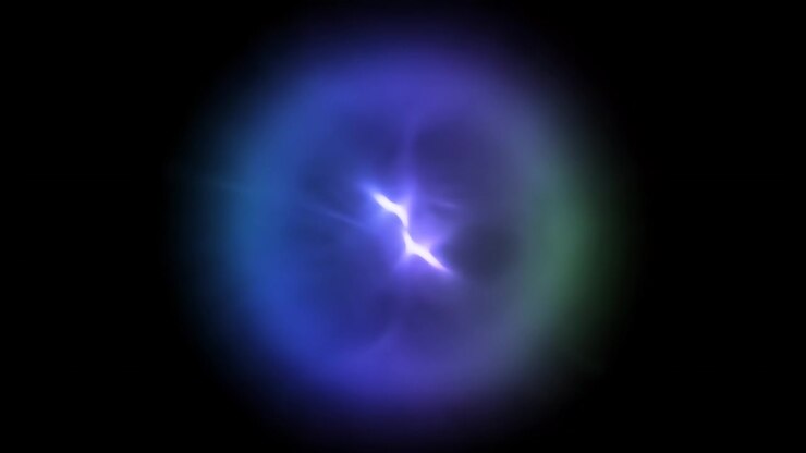 Sfera di energia astratta e luminosa, blu e viola, pulsante su sfondo nero