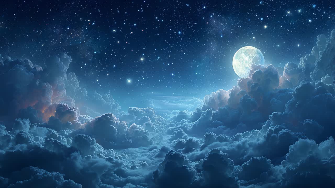 A Serene Night Sky Illuminated by a Full Moon Surrounded by Wispy Clouds and Twinkling Stars, Creating a Calm and Enchanting Atmosphere