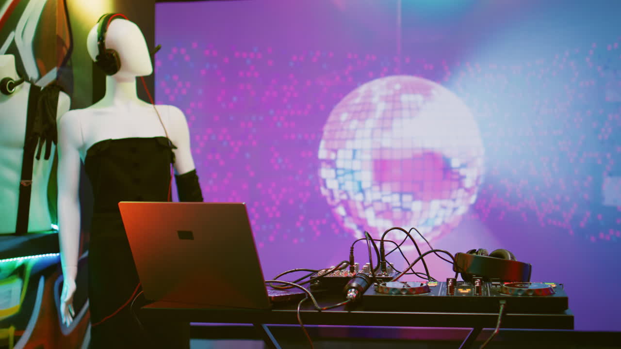 DJ Setup with Disco Ball and Mannequins