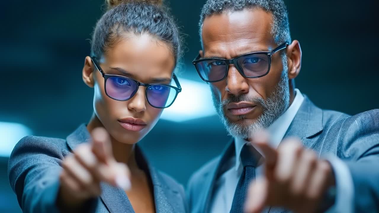 A man and a woman in business attire pointing at something