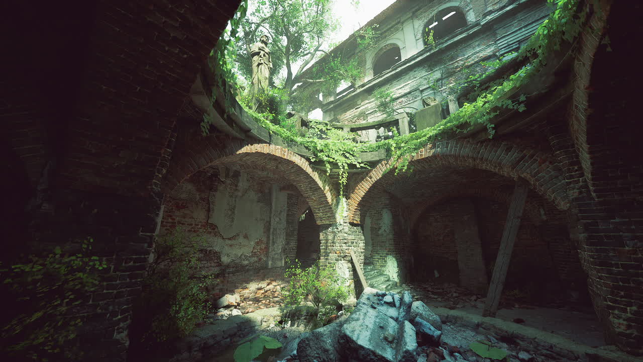 Sunlight streams through a nature clad abandoned building