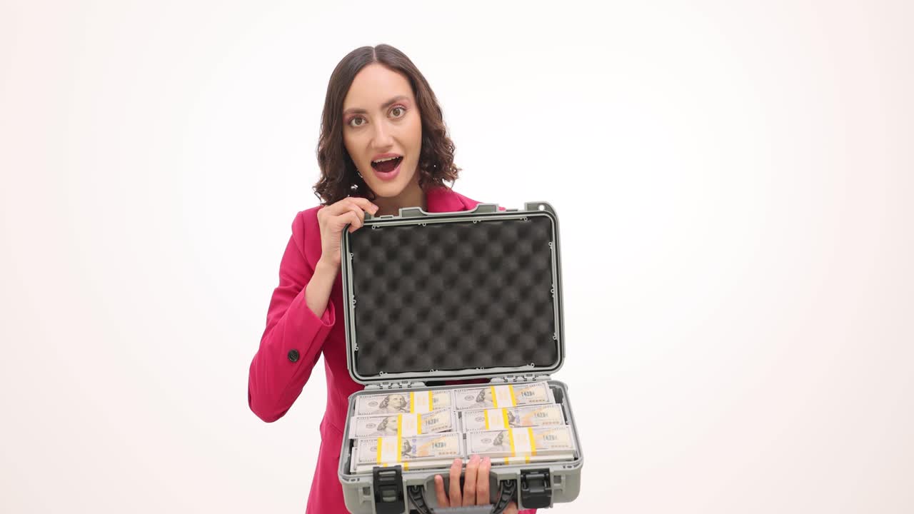 Woman Surprised by Briefcase Full of Money