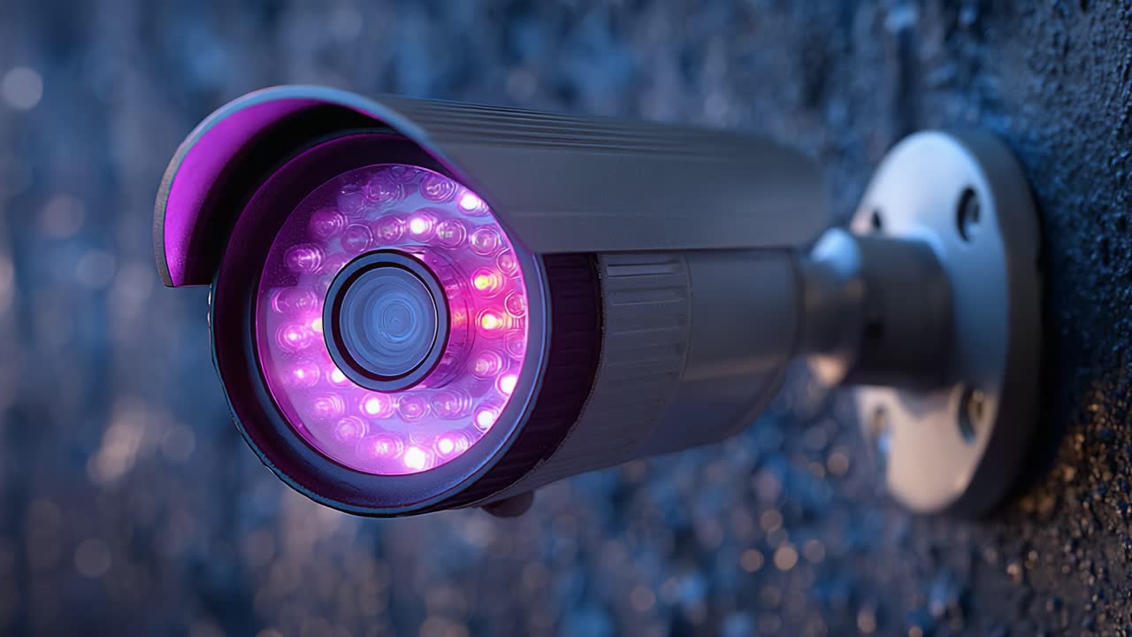 High-Tech Surveillance Camera with Dynamic LED Lighting Captured in Two Frames Showcasing Precision Engineering and Modern Security Technology