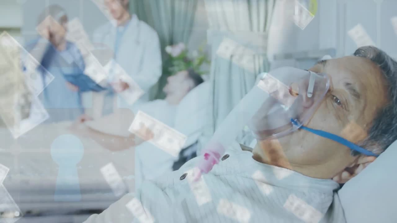다양한 의사와 산소 마스크를 착용한 환자의 대화에 대한 데이터 처리 및 지폐의 애니메이션