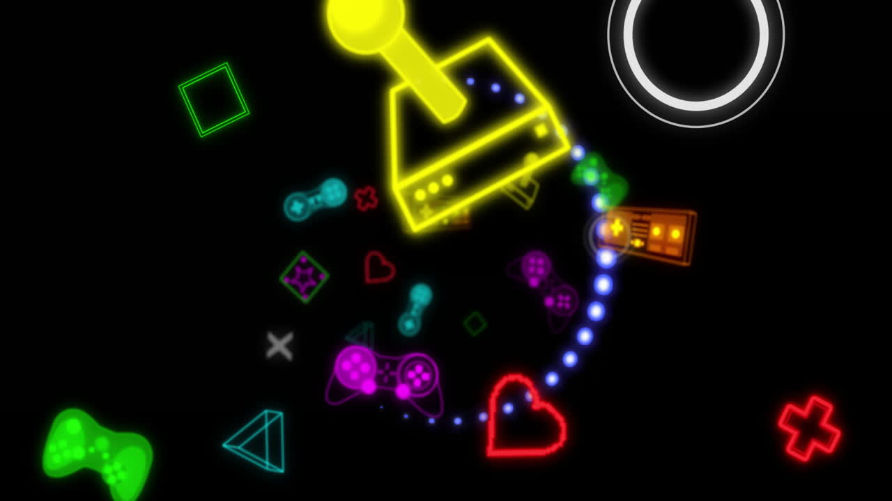 Neon gaming icons animation with joystick, heart, and game controller on black background