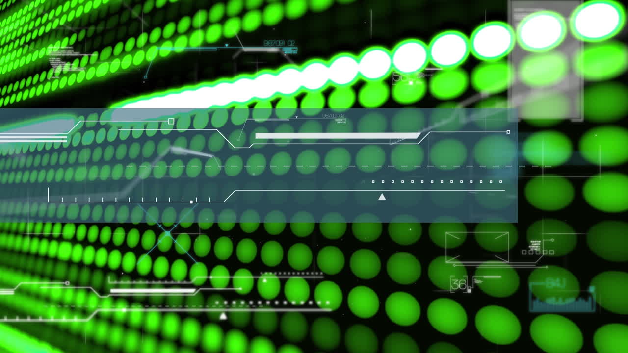 Animation of scanner interface and glowing green lights of computer server processing data