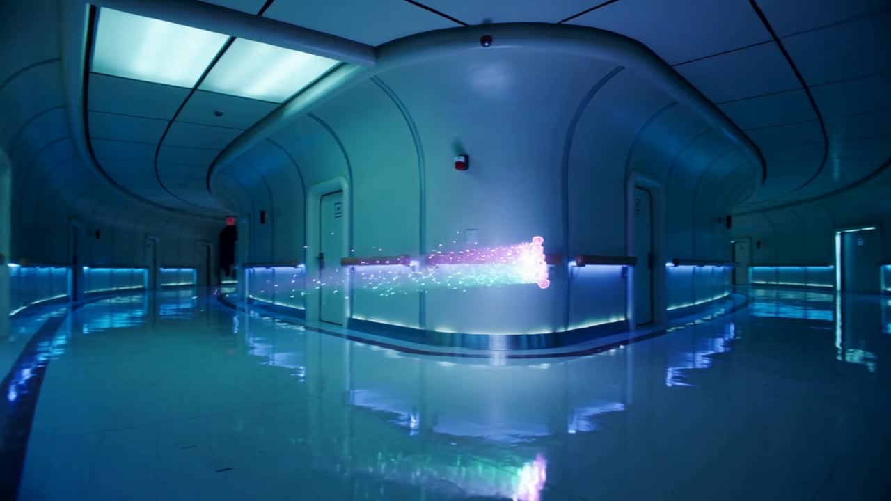 Flusso viola-verde che emerge vicino a una ringhiera accanto a una figura sulla soglia, attraversando una sala tecnologica che riflette il bagliore del pavimento