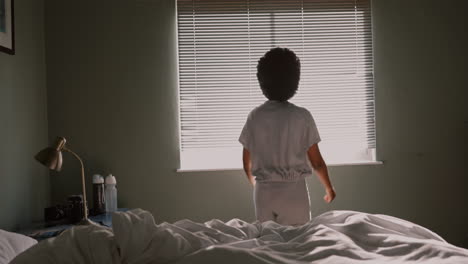 blinds, window and girl wake up in morning to