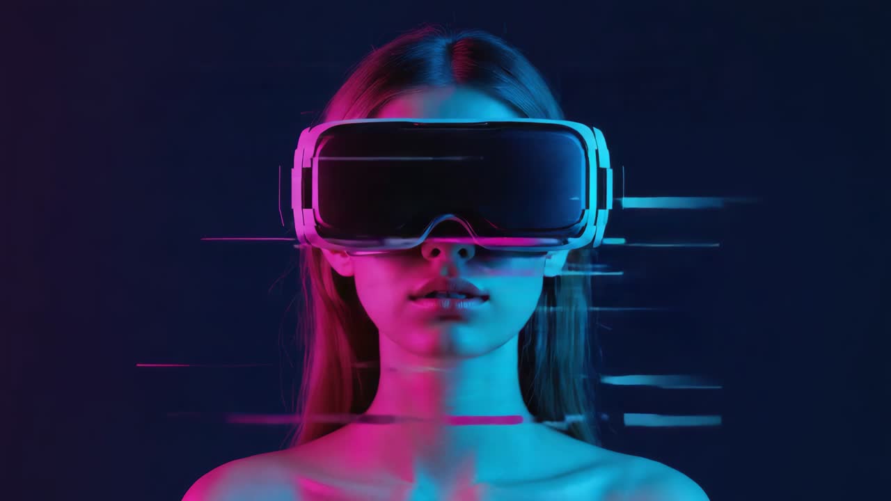 Woman Wearing VR Headset in Cyberpunk Style