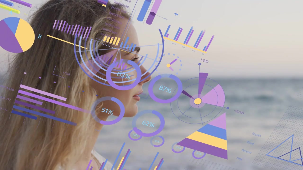 Adult woman standing on shore, tilting head while technology data feed animating charts across face