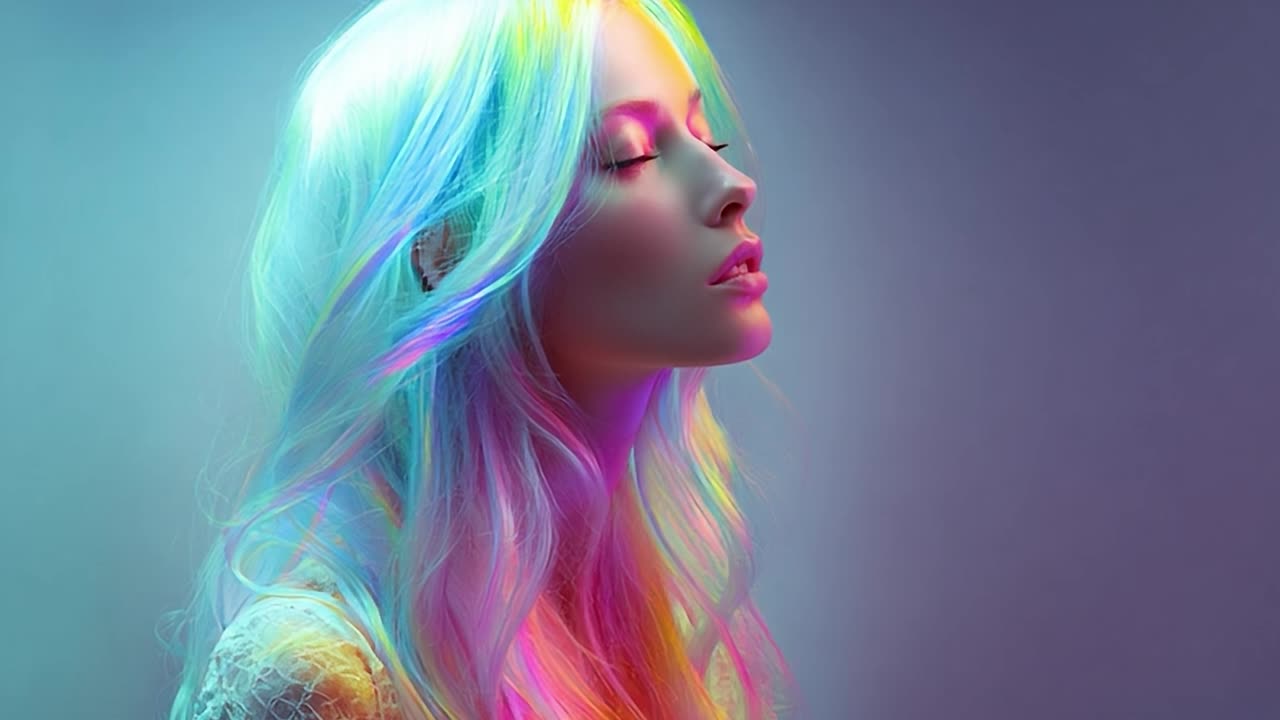 Woman with colorful hair illuminated by soft light in a studio setting