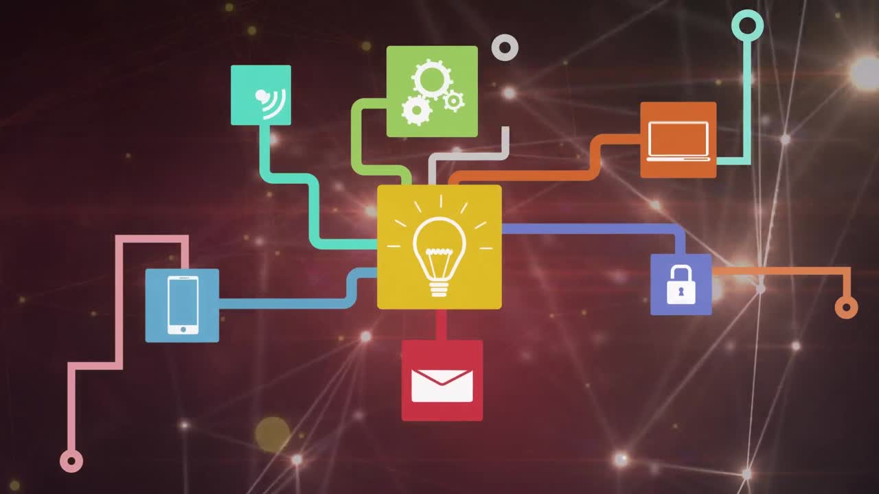 검은색 배경에 있는 데이터 처리 및 미디어 아이콘의 애니메이션