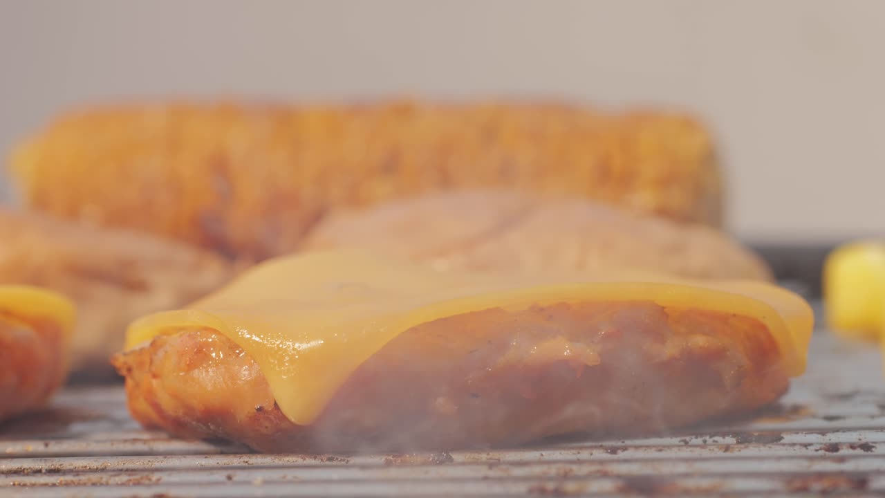 Veggie orange burger on grill, carrot and oats burger with corn and yellow pepper, vegetarian food barbeque, potato grill burger.
