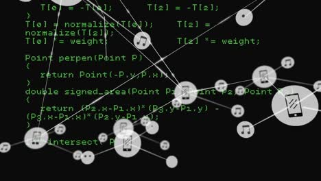 Animation-Von-Symbolen,-Die-Mit-Linien-über-Sich-Wiederholender-Computersprache-Vor-Schwarzem-Hintergrund-Verbunden-Sind