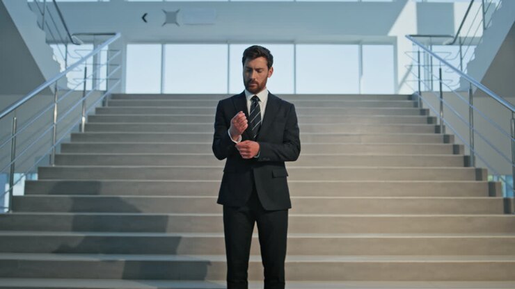 Stylish manager crossing hands on office staircase closeup. Bearded businessman