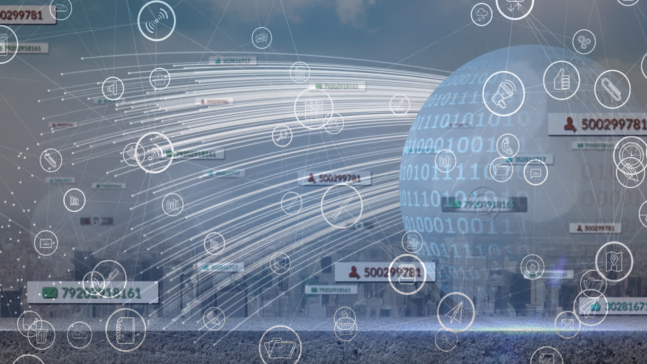 animación de iconos de medios y globo sobre el paisaje urbano