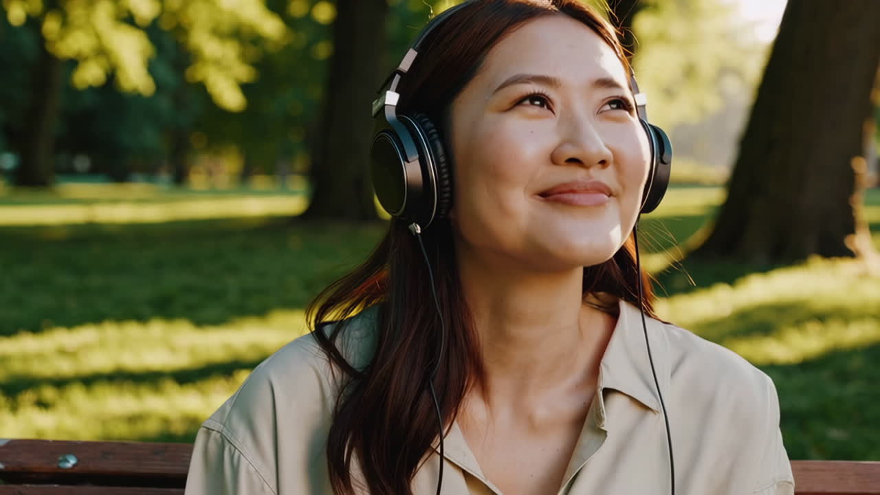 Woman listening to music with headphones in a park