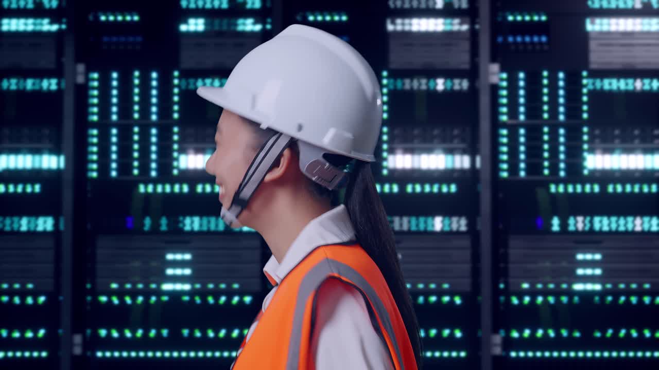 Vista laterale di un ingegnere donna asiatica che saluta con la mano mentre cammina in una sala server di un data center