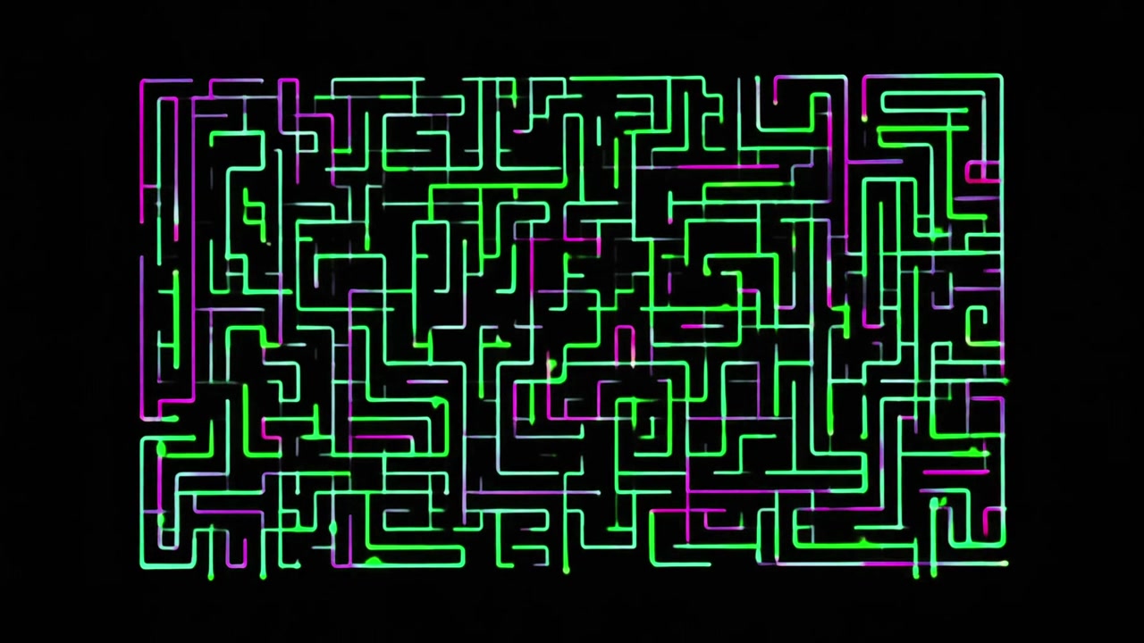 Animazione astratta di labirinto digitale con linee verde neon e viola