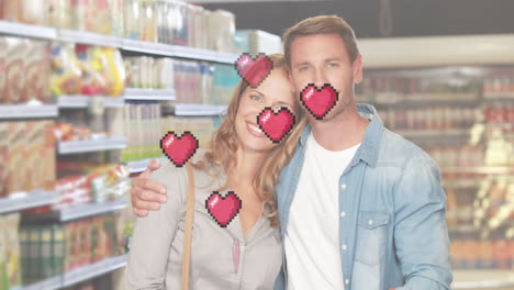 animation of falling heart icons over caucasian couple in the store