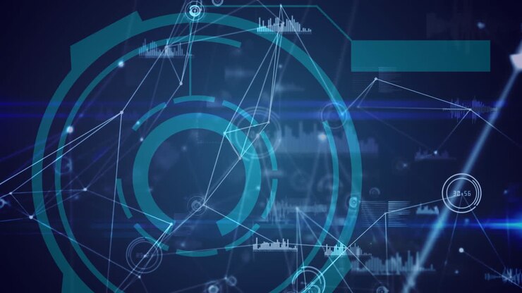 Network of connections against round scanner and data processing on blue background