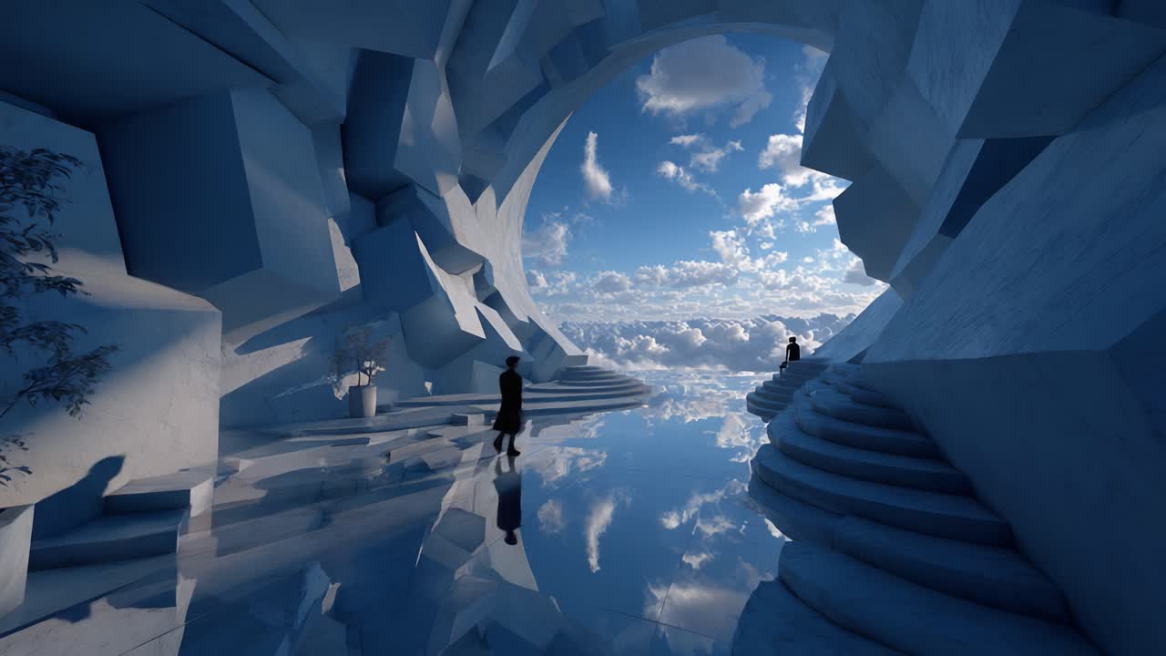 A Captivating Journey Through an Ethereal Blue Realm: Exploring the Mysterious Architecture and the Reflective Waters Beneath Expansive Skies, Inviting Curiosity and Imagination in a Dreamlike Landscape