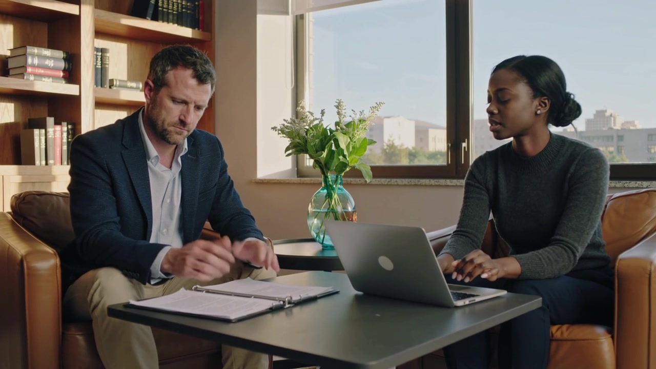 Flipping binder, man in blazer gesturing while woman typing at office nook with laptop for review