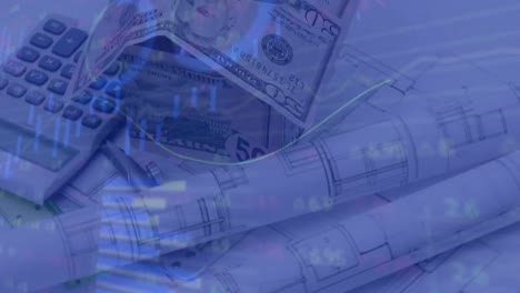 animación de datos financieros sobre la casa hecha de billetes de dólares estadounidenses, calculadora y planes